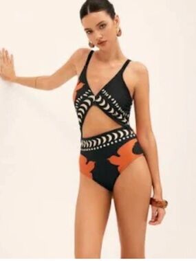 Commense Black and Orange Cutout One-Piece Swimsuit XL